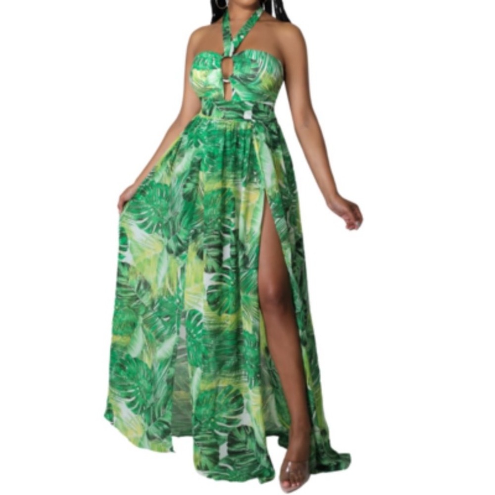 BANJUL Tropical Print Halter Maxi Dress - Green